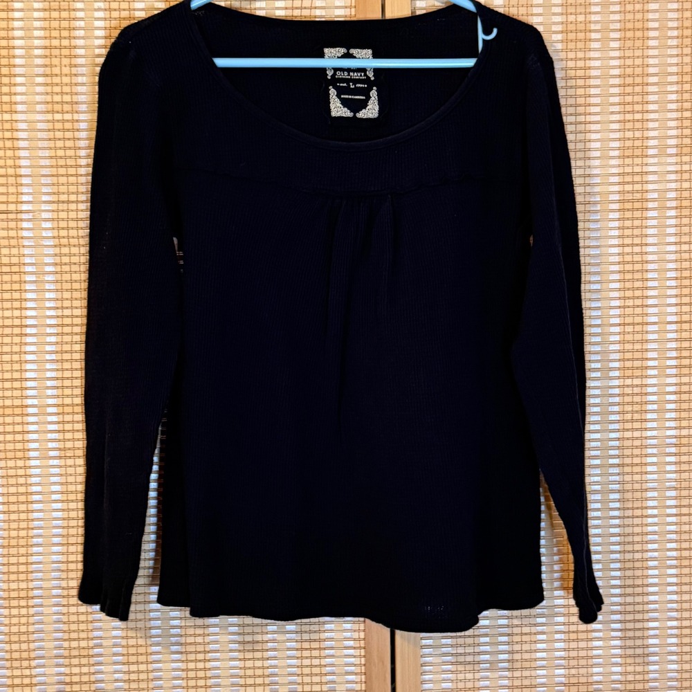 Old Navy Womens Waffle Knit Thermal Scoop Neck Long Sleeve Top Black‎ Large